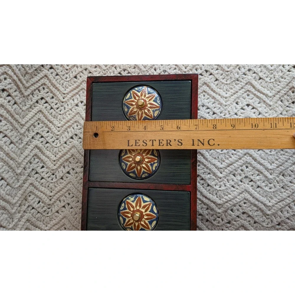 Vintage Pier 1 Tabletop Cabinet 5 Drawer Wood Mini Chest Red Green Hand Painted
